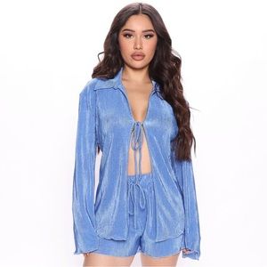 Blue Plisse Front Tie Long Sleeve Top